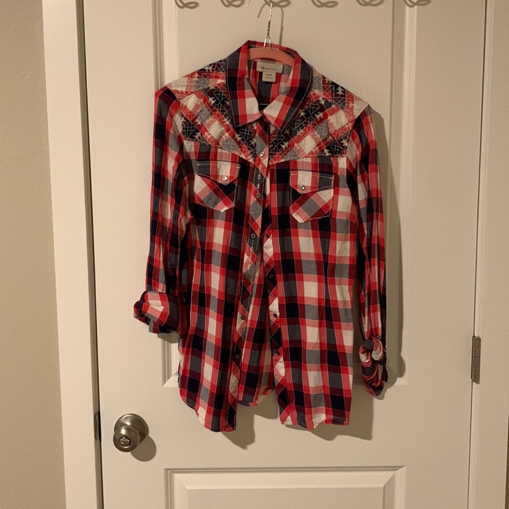 Ariat red white and blue snap shirt
